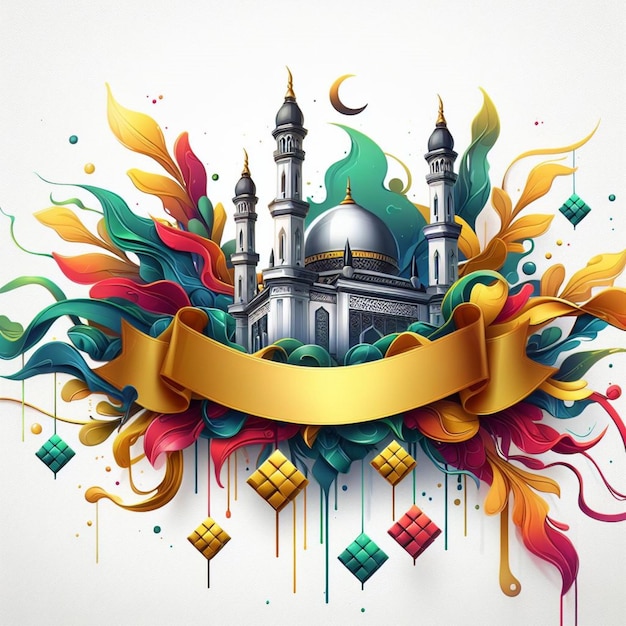 a colorful Islamic greeting card template with a empty space banner