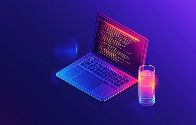 Photo colorful isometric illustration of an open laptop displaying code with a glowing drink on a vibrant