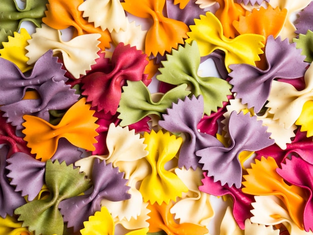 Colorful Italian pasta background Various colors of bow tie farfalle pasta Top view