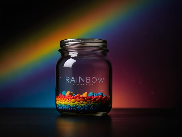 A colorful jar with a black background that says rainbow on it