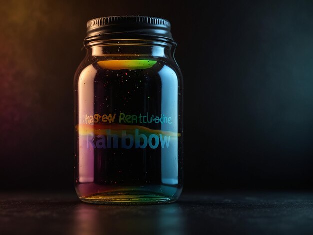 A colorful jar with a black background that says rainbow on it