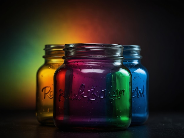 A colorful jar with a black background that says rainbow on it