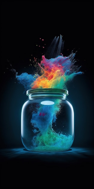 A colorful jar with a black background that says rainbow on it