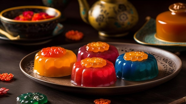 Colorful jello jelly on a plate with a teapot in the background