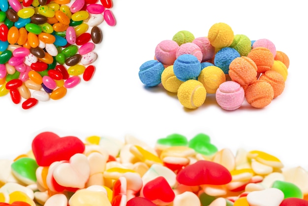 Colorful jelly beans isolated on white. Top view.