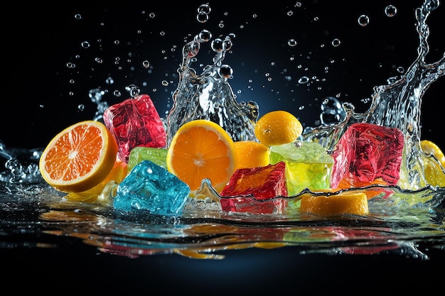 Colorful Jelly Candies and Orange Fruit with Water Splash on Black Background