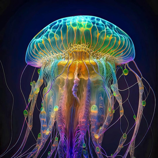 A colorful jellyfish is displayed in a dark background.