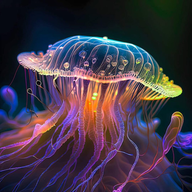 A colorful jellyfish is shown in a black background.