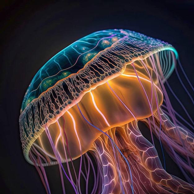 A colorful jellyfish is shown in a black background.