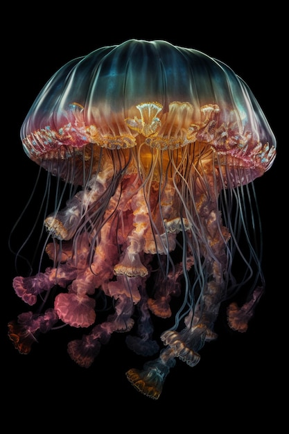 A colorful jellyfish is shown in a black background.