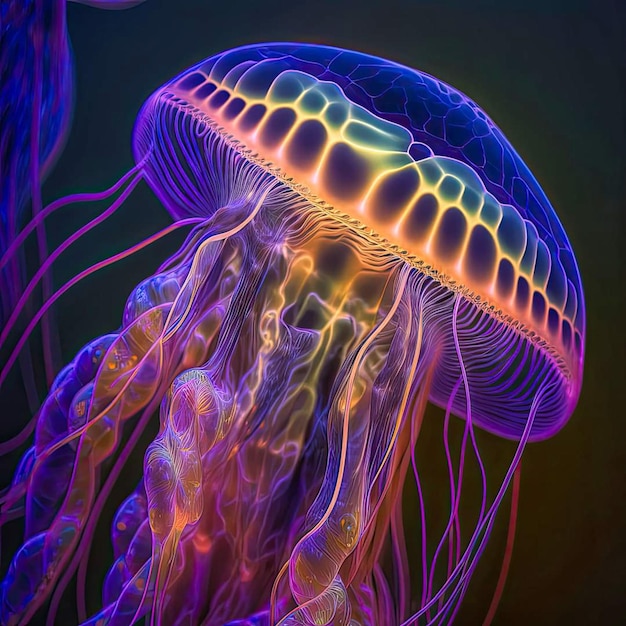 A colorful jellyfish is shown in a dark background.