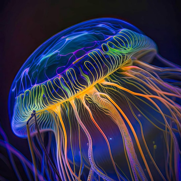 A colorful jellyfish is shown in a dark background.