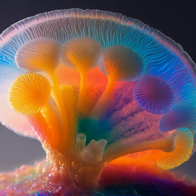 A colorful jellyfish is shown with a black background.