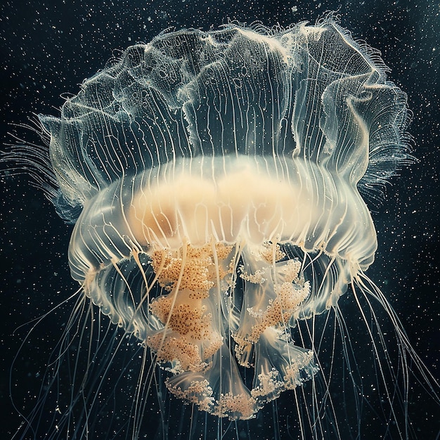 Colorful jellyfish swimming in murky deep ocean waters