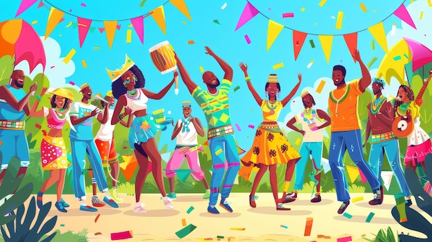 Colorful Juneteenth cartoon vector illustration featuring a diverse group of people celebrating with flags music and dancing in a festive outdoor setting Generative AI