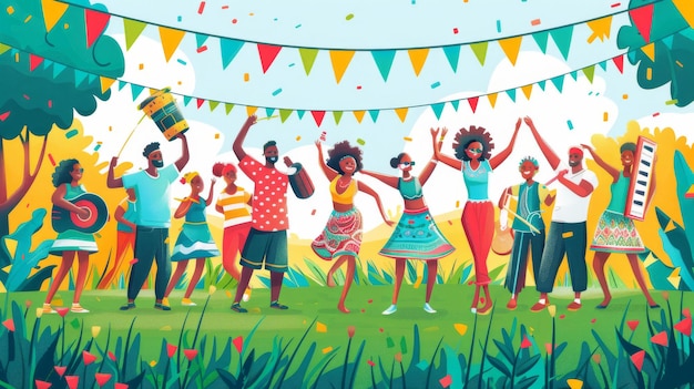 Colorful Juneteenth cartoon vector illustration featuring a diverse group of people celebrating with flags music and dancing in a festive outdoor setting Generative AI