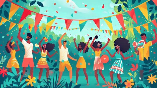 Colorful Juneteenth cartoon vector illustration featuring a diverse group of people celebrating with flags music and dancing in a festive outdoor setting Generative AI