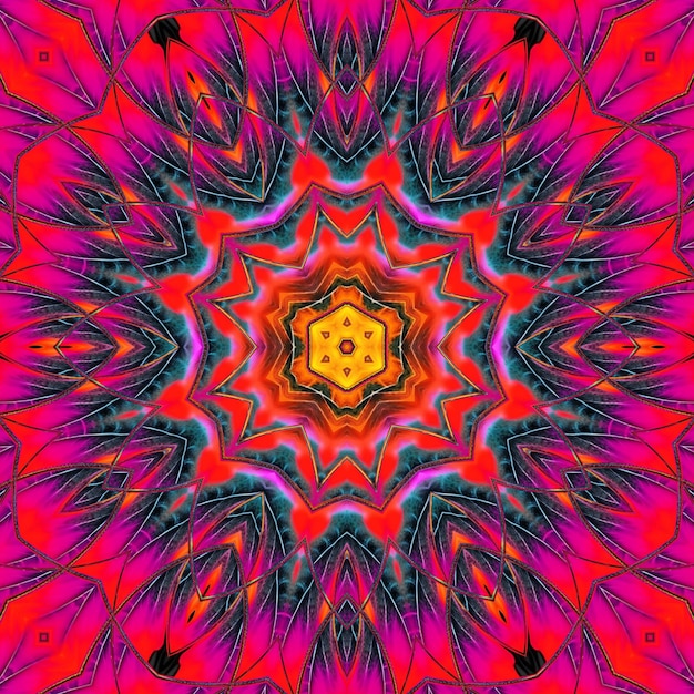 A colorful kaleidoscope of a flower with a red and blue background.