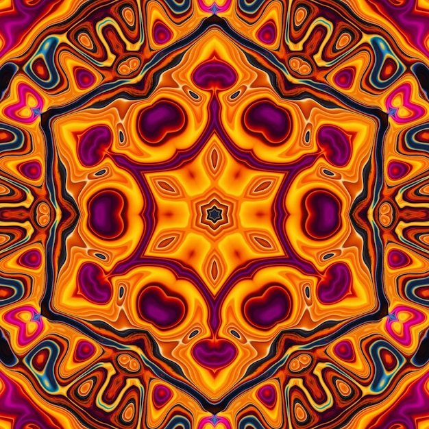 A colorful kaleidoscope of orange, yellow, and blue colors is displayed on a black background.