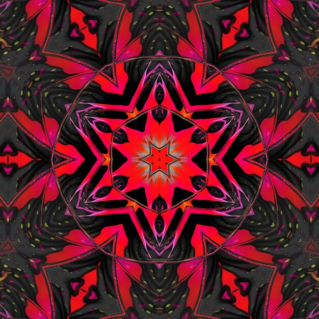 A colorful kaleidoscope pattern with a red and black background.