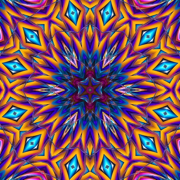 A colorful kaleidoscope pattern with a star pattern in yellow, blue, and red colors.