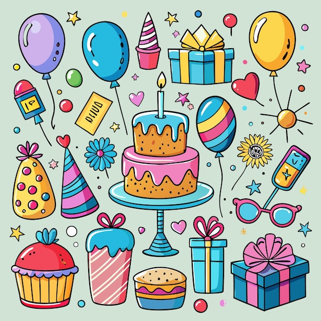 Photo colorful kawaii birthday party elements illustration with cakes balloons and gifts