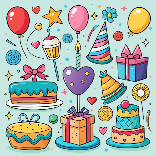 Colorful Kawaii Birthday Party Elements Illustration with Cakes Balloons and Gifts