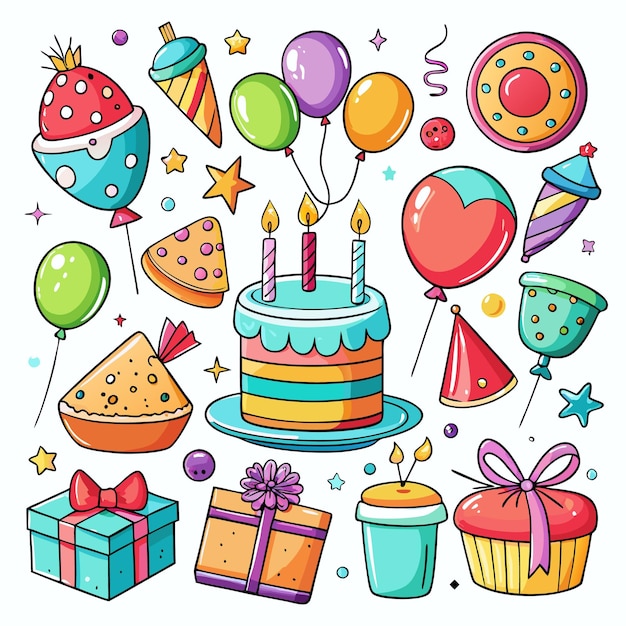 Colorful Kawaii Birthday Party Elements Illustration with Cakes Balloons and Gifts