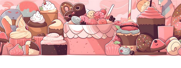 Photo colorful kawaii cakes and desserts with various toppings in vibrant illustration