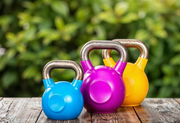 Colorful kettlebell weights on a wooden surface against a blurred green background