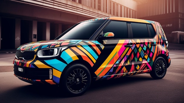 A colorful kia minivan with a colorful design on the side.