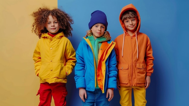 Photo colorful kids casual wear standing against blue and yellow wall