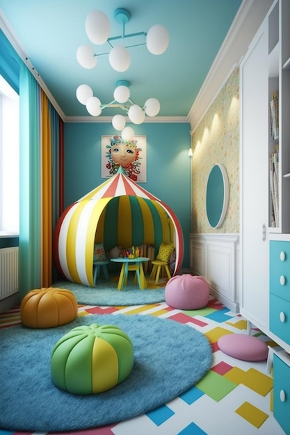 A colorful kids room with a round tent and a blue wall that says'the word " on it.