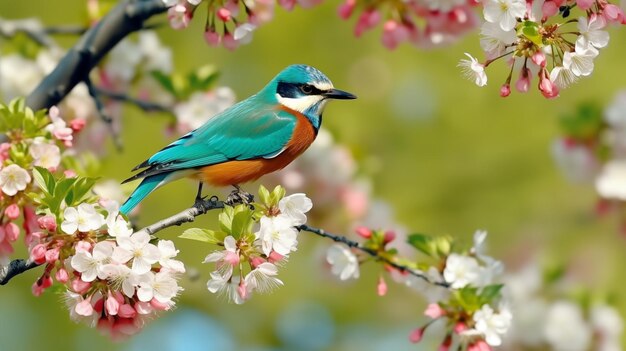 Colorful kingfisher perched amid pink cherry blossoms in natural spring setting