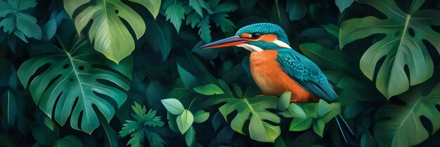 Photo colorful kingfisher perched on tropical leaves a vibrant kingfisher with blue and orange plum