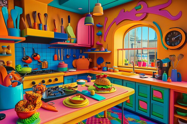 Photo colorful kitchen interior design with burger and window view