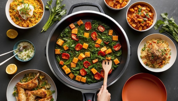 Photo colorful kitchen scene featuring a round red cooking pan and fresh ingredients