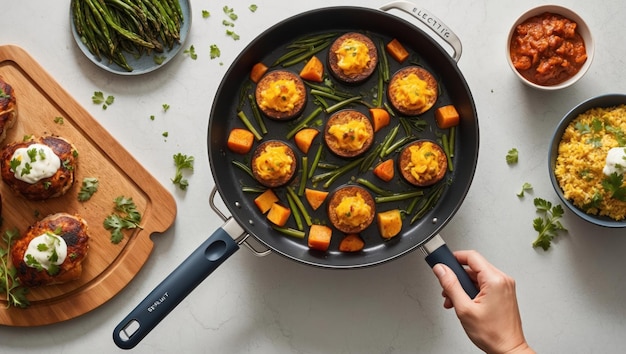 Photo colorful kitchen scene featuring a round red cooking pan and fresh ingredients