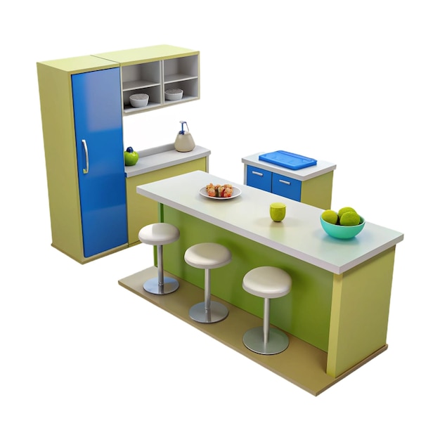 Photo a colorful kitchen with a blue refrigerator and a sink