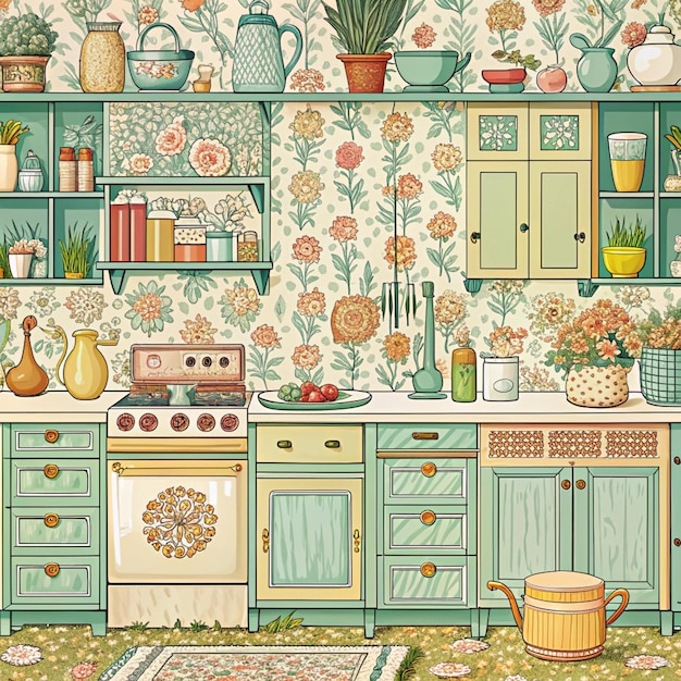 Photo a colorful kitchen with a green and white wallpaper with a floral pattern