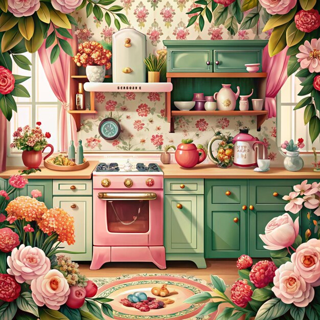 Photo a colorful kitchen with a pink stove and a floral wallpaper