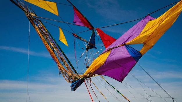 Colorful kites flying against a blue sky