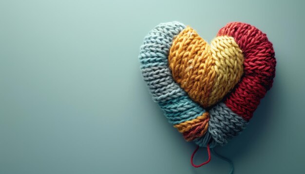 Photo colorful knit heart shaped decoration on a light background