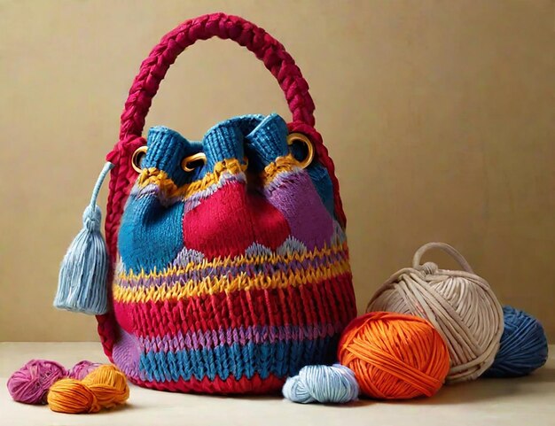 Colorful knitted bag Colorful background AI generated