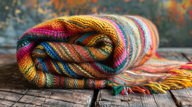 Colorful Knitted Blanket Adds Softness to Wooden Table