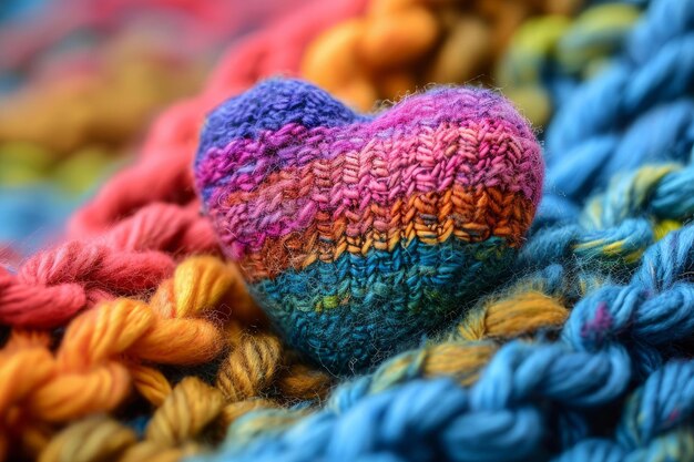 Photo colorful knitted heart on textured yarn background