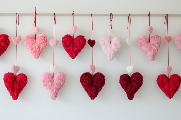 Photo colorful knitted hearts hanging on white background