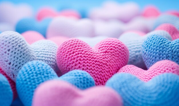 Colorful knitted hearts on a light background Valentines day concept