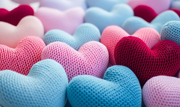 Colorful knitted hearts on a light background Valentines day concept