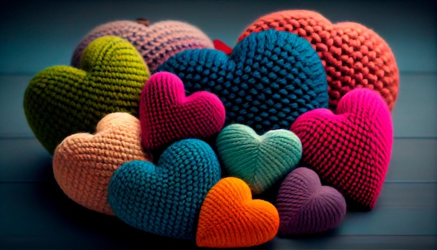 Colorful knitted hearts made of wool Generative AI